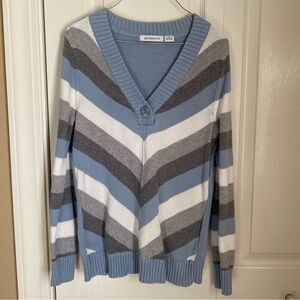 Vintage Liz Claiborne Chevron V-Neck Sweater Blue Gray White Cotton M 80s 90s